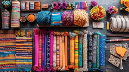 A multicultural-inspired workspace featuring artisanal crafts, vibrant textiles, and handcrafted stationery, celebrating cultural diversity and global inspiration