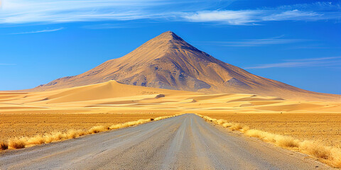 Fototapeta na wymiar Dirt road stretching towards a majestic mountain in the distance