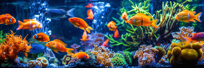 Naklejka na ściany i meble A large aquarium teeming with vibrant and diverse fish species swimming gracefully