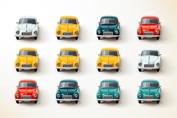 Fototapeta premium Set of retro colored cars on a white background, front view of the cars.