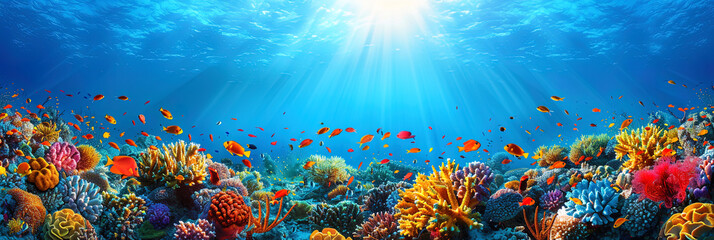 Colorful coral reef with sunlight shining down