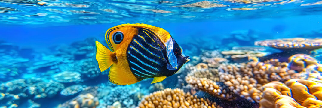 A vibrant yellow and black fish gracefully navigating through a coral reef