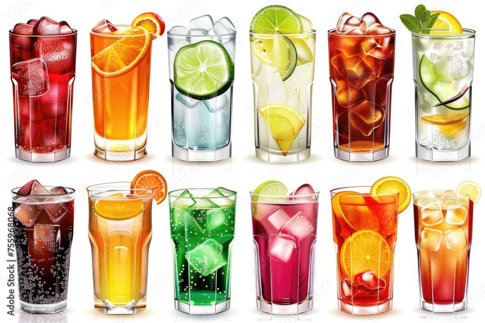 Poster various drinks served in different glasses. ideal for menu designs.