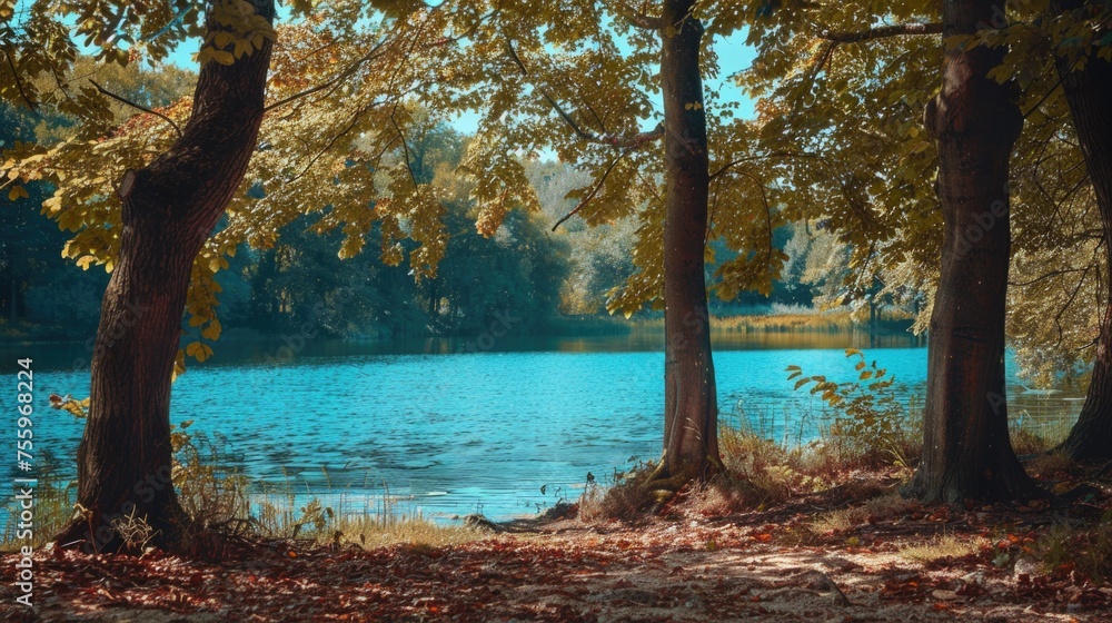 Aufkleber a serene view of a lake through the trees. ideal for nature and travel concepts.