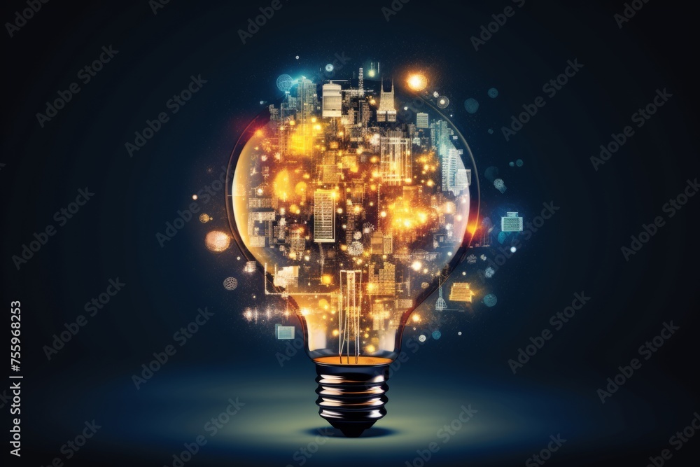 Poster an abstract image of a light bulb with energy-saving icons