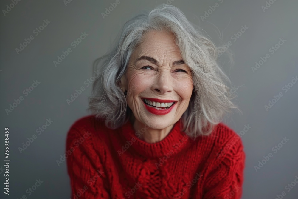 Poster Cheerful woman in red sweater, suitable for lifestyle and fashion concepts.