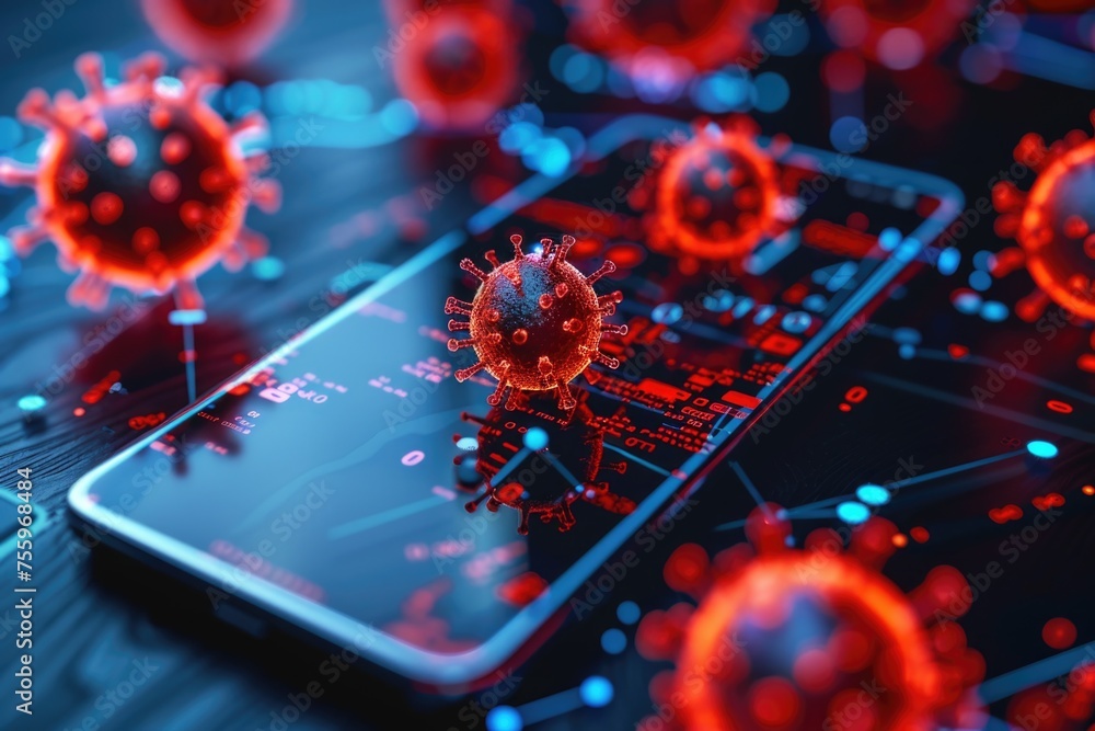 Poster a cell phone surrounded by red and blue corona cells. suitable for health and technology concepts.