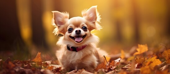 A Chihuahua, a small toy breed of carnivorous companion dog with a fawn coat color, is laying in a pile of leaves, looking content and smiling
