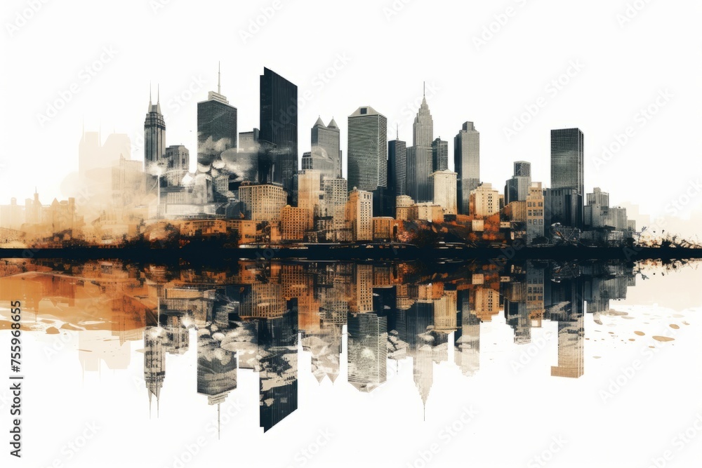 Poster an artistic rendering of a distorted city skyline, emphasizing skyscrapers' height