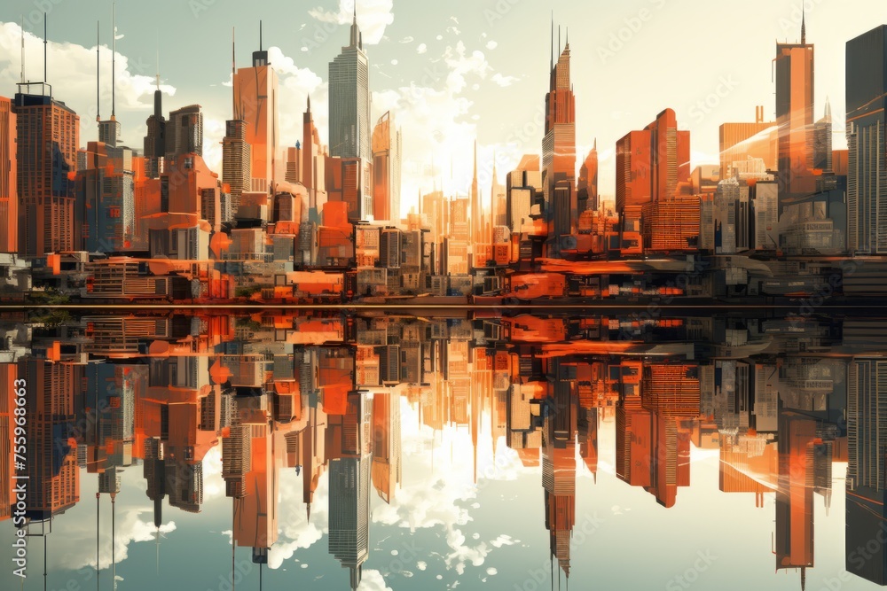 Poster an artistic rendering of a distorted city skyline, emphasizing skyscrapers' height