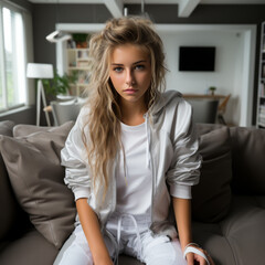 Obraz premium Young Woman in Casual Outfit Sitting on Couch
