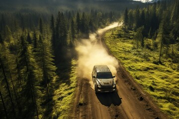A big SUV is moving on the road through the forest. Travel by car with picturesque scenery.