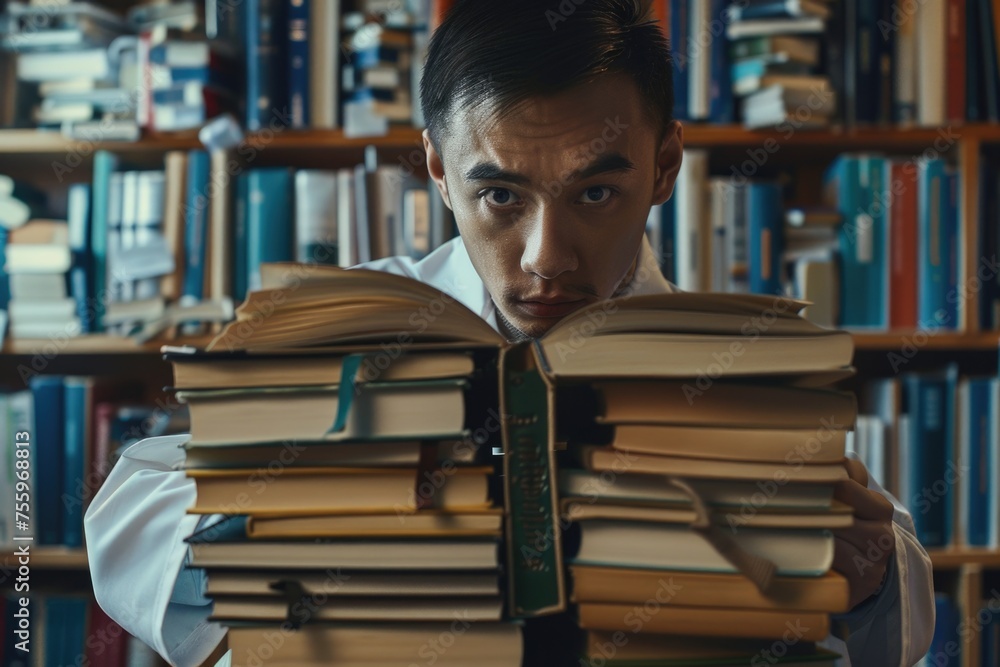 Poster man holding stack of books in front of face, suitable for educational concepts.