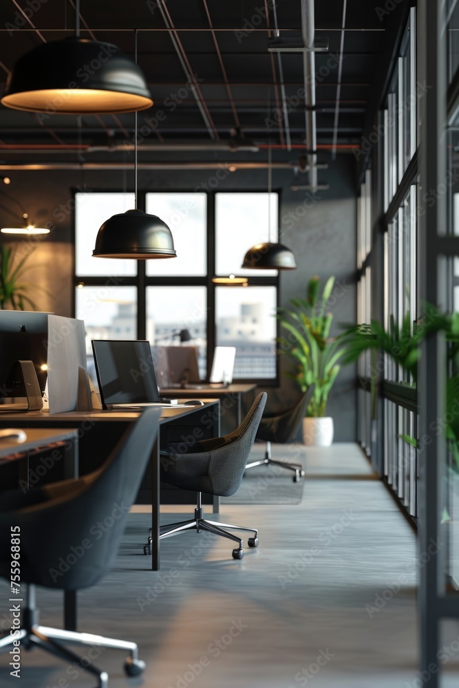 Poster a picture of a crowded office with desks and chairs. suitable for business and workplace concepts.