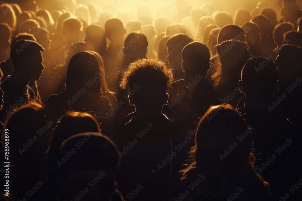Poster a crowd of people gathered in front of a bright light. suitable for various events and gatherings.