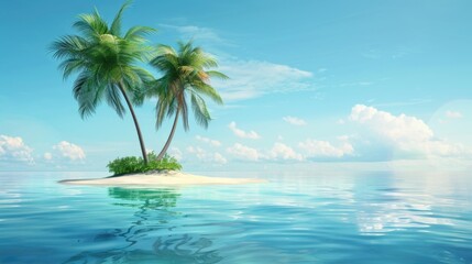 Fototapeta na wymiar Tropical island with two palm trees on the ocean. Ideal for travel and vacation themes.
