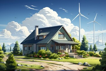 Obraz premium Energy efficient house with wind generation and windmills. Wind energy is one of the main types of use of green energy.