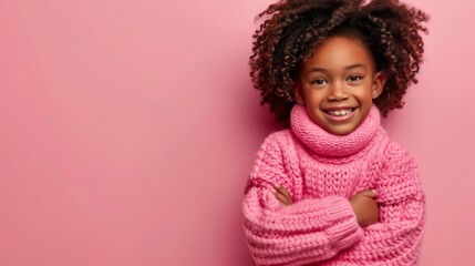 Photo of a cute black 8 year old girl wearig a very large pink sweater, AI generated image