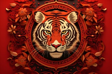 Detailed tiger zodiac design on a red background