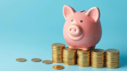 A piggy bank is sitting on top of a pile of gold coins. The piggy bank is pink and has a smiley face on it. The gold coins are stacked on top of each other, creating a sense of wealth and abundance