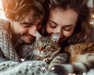 A man and a woman are cuddling together with a cat.
