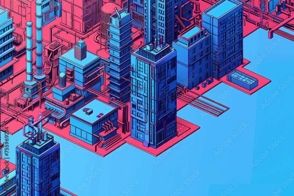 Poster vibrant illustration of a city with a modern color scheme. suitable for urban design projects.