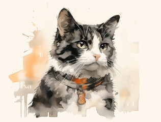 Water Color Cat Drawing on White Paper: Illustration of a Cute Black and White Cat