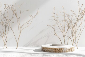 A minimalist white room with a tree stump against a white wall. Ideal for interior design concepts.