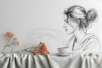 drawing woman with cup of coffee morning afternoon flowers fresh - obrazy, fototapety, plakaty