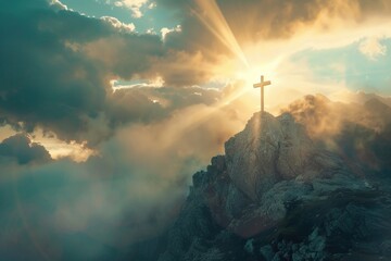 A cross stands atop a mountain peak, surrounded by clouds. Suitable for religious concepts or spiritual themes. - obrazy, fototapety, plakaty