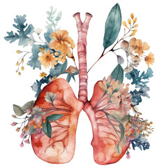 Watercolor illustration of lungs with flowers. Transparent background, png - obrazy, fototapety, plakaty