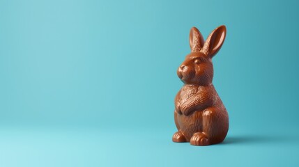 Chocolate easter bunny with eggs decoration, isolated on blue background. Luxury chocolate, Easter holiday. Delicious milk, dark chocolate bunny.	