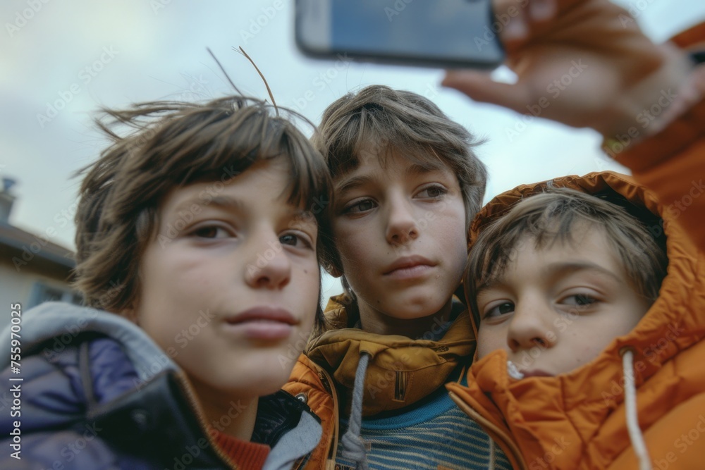 Poster group of children capturing a moment with a smartphone. suitable for technology and childhood themes