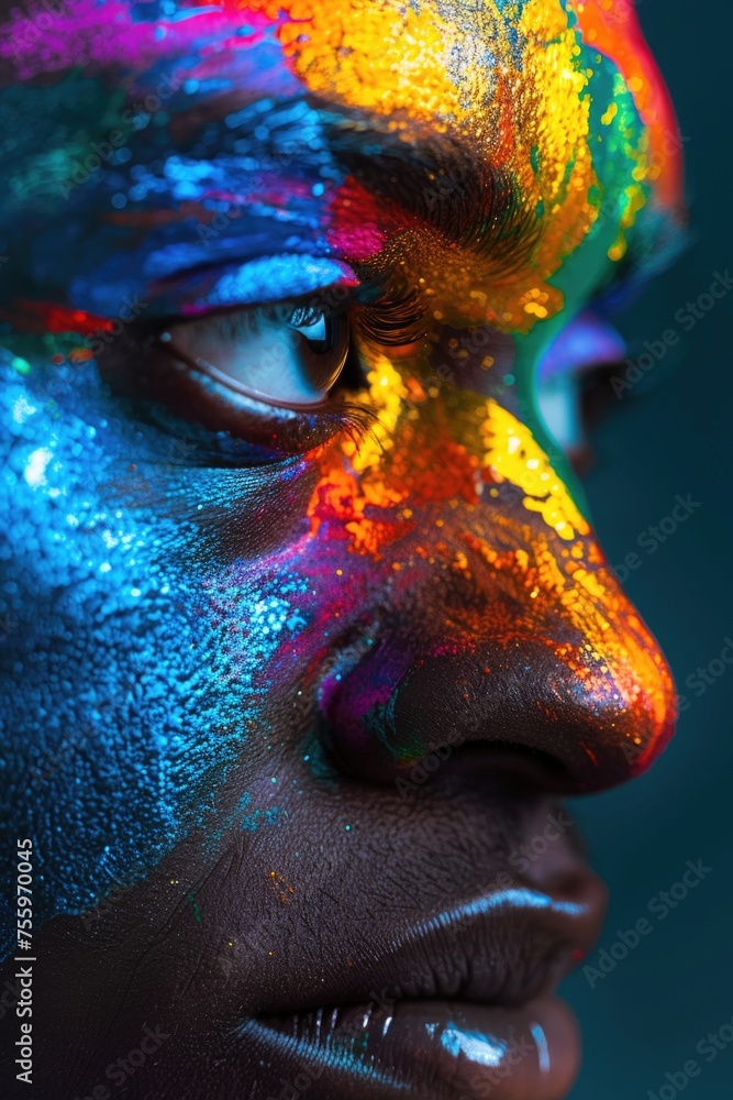 Poster close up of a person's face with colorful paint. perfect for artistic projects.