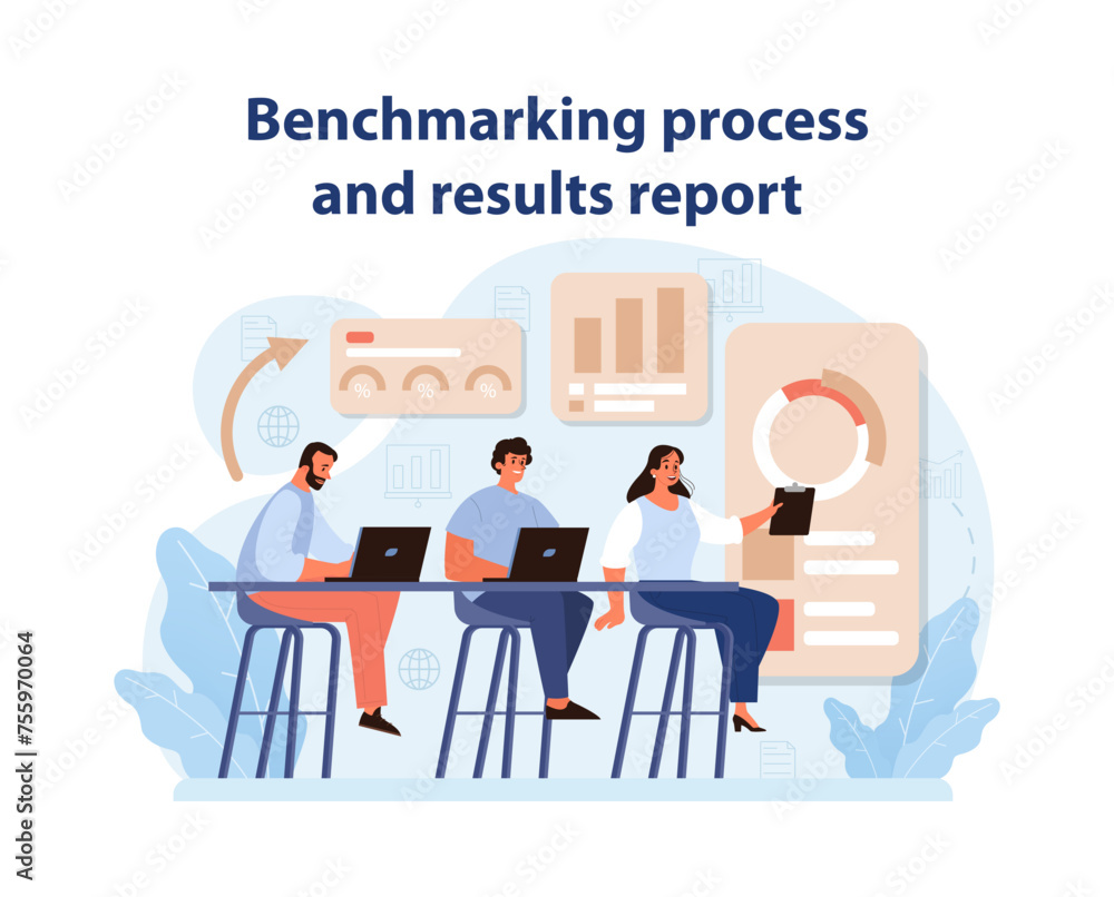 Poster benchmarking report vector. a team meticulously prepares a comprehensive benchmarking report.