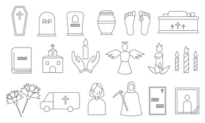 Set of funeral icons. Simple set of icons in line art style. Vector illustration