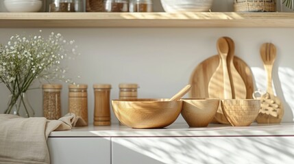 Minimalistic eco-friendly kitchen utensils and bamboo bowls on a white surface, concept of...