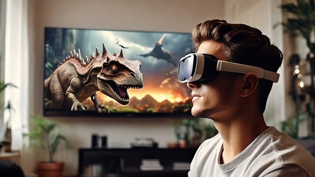 young man in white augmented virtual reality glasses watches a realistic 3D movie about dinosaurs in a cozy modern home interior. back view created with generative ai