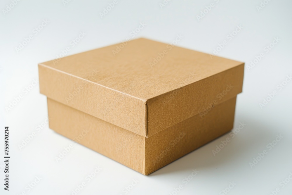 Poster a simple brown box placed on a white table. suitable for various business or office concepts.