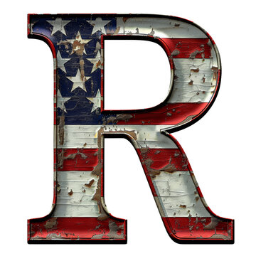 Letter R styled as American Flag Isolated on Transparent or White Background, PNG