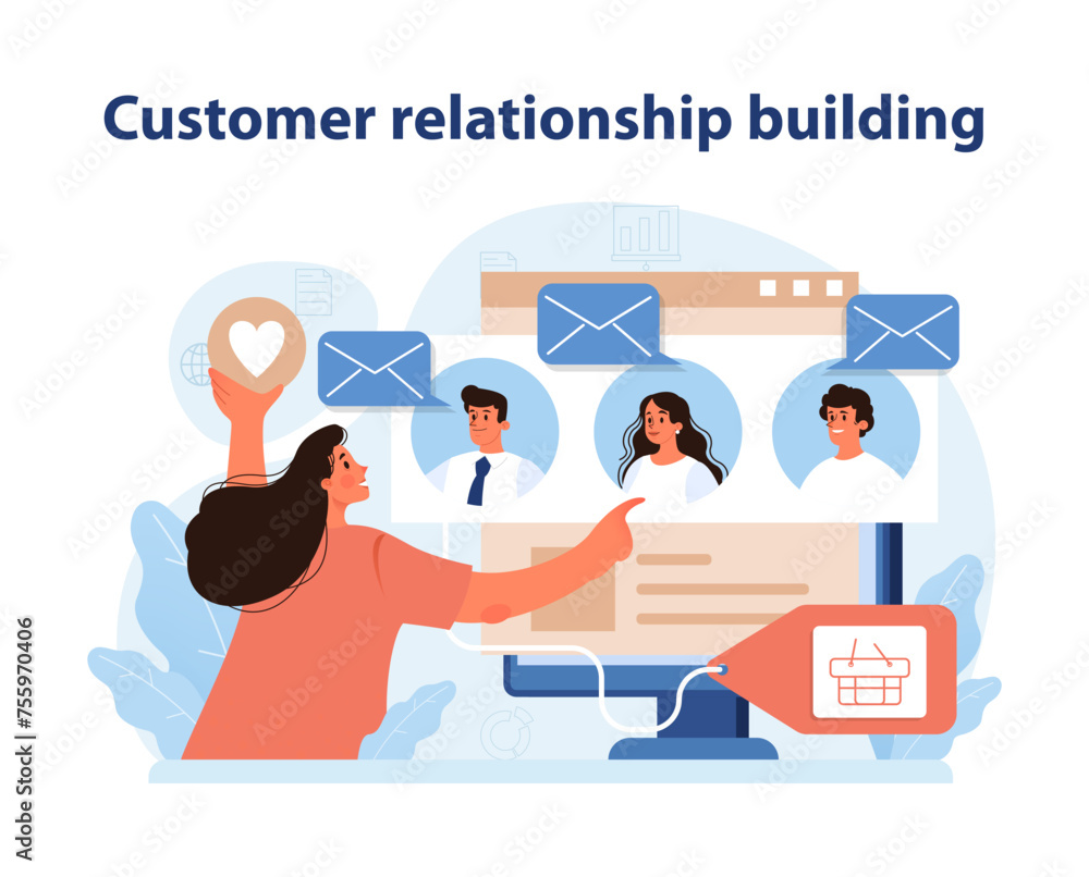 Poster customer relationship building illustration. a marketer connects with clients using digital tools.