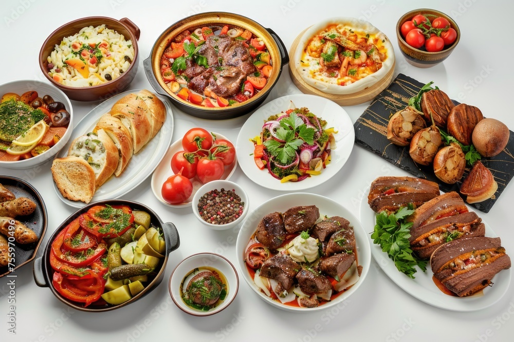 Aufkleber a table displaying an assortment of different types of food. ideal for food bloggers or restaurant p