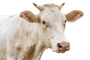 Close-up of a cow's face against a white background. Suitable for agricultural or animal-related projects.