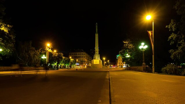 Night view of Freedom Monument in Riga, Latvia