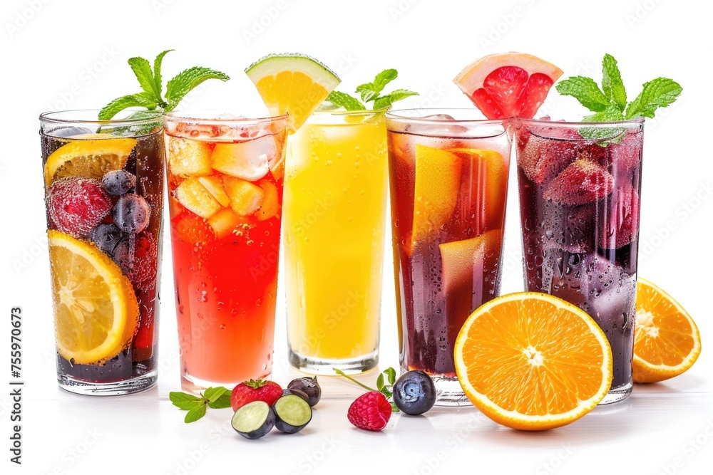 Poster row of glasses filled with different types of drinks. suitable for bar or restaurant promotions.