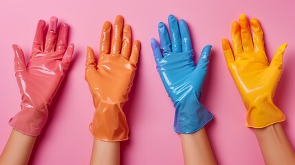 Photo of 4 female hands wearing glossy rubber gloves of different colors, AI generated photo