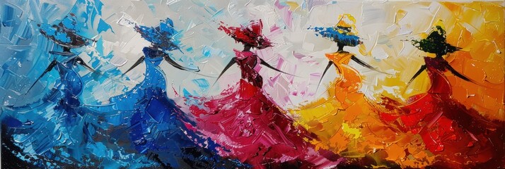 Abstract painting of women in colorful dresses.