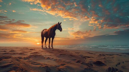 A majestic horse standing on a sandy beach. Perfect for nature or animal themed projects.