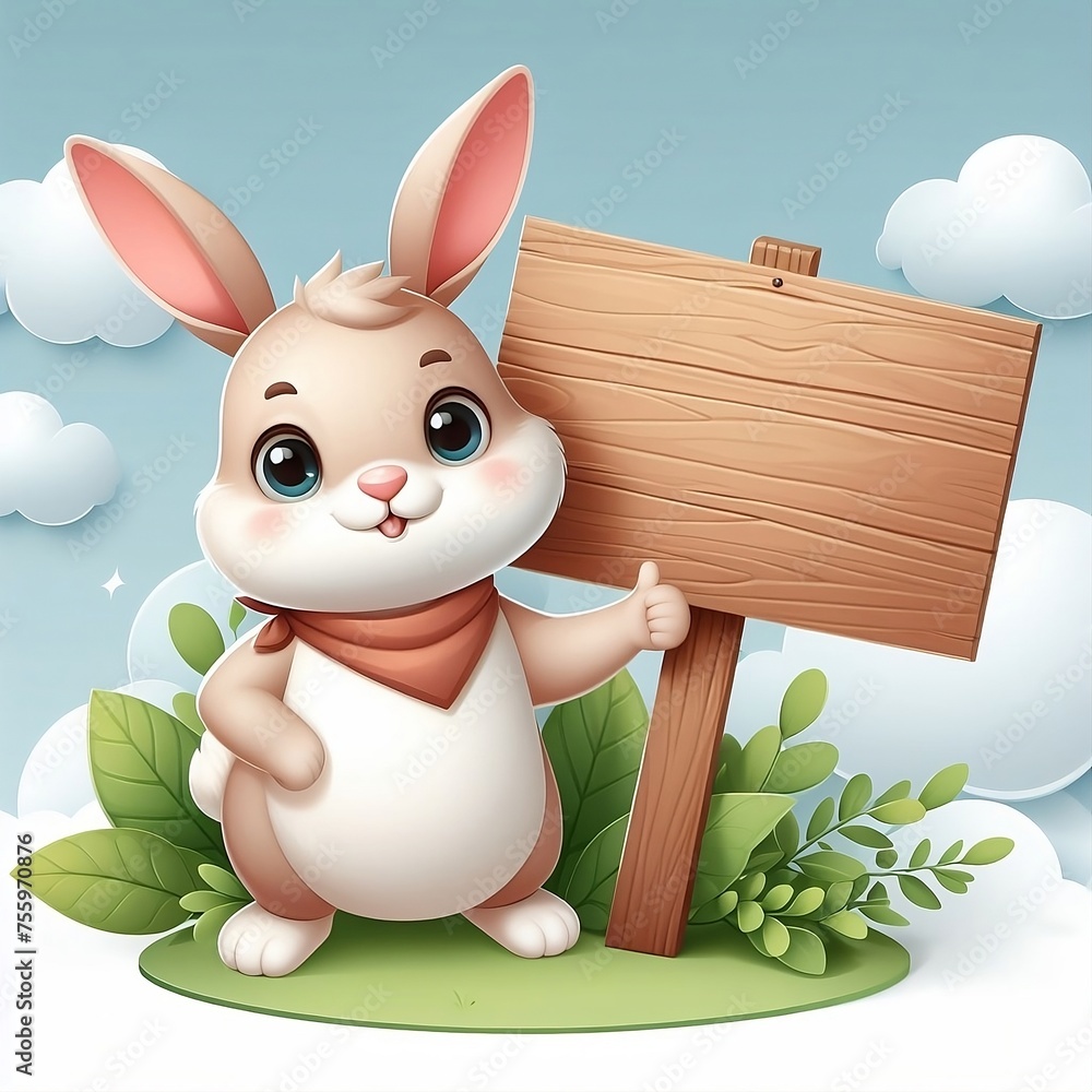 Wall mural easter bunny holding a wooden sign, funny rabbit with wooden sign board for easter celebration creat