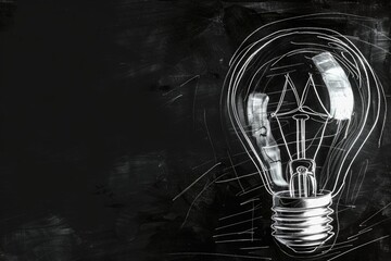 A simple drawing of a light bulb on a blackboard, perfect for educational or creative concepts. - obrazy, fototapety, plakaty